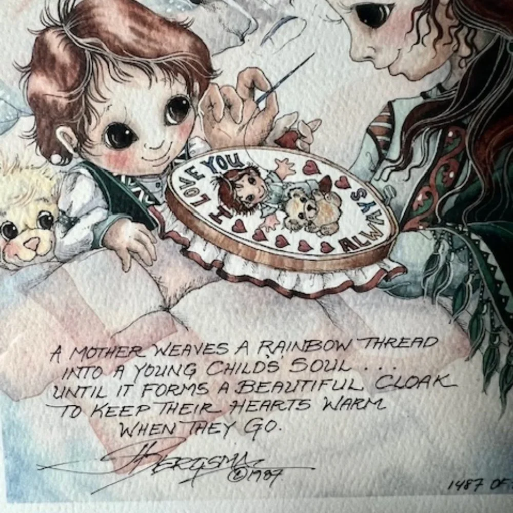 1987 Jody Bergsma Framed Watercolor Print Celebrating Motherhood